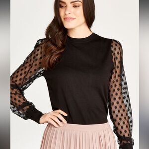 Elegant Black Sheer Sleeve Blouse Polka Dot